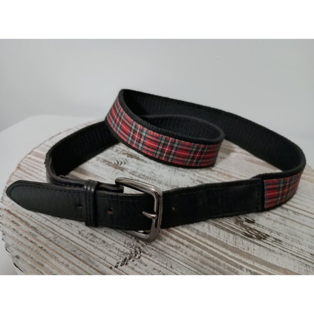 LEVELWEAR Classic-Fabric/Leather Red/Black Plaid Pattern Belt, Men's Size 36/38